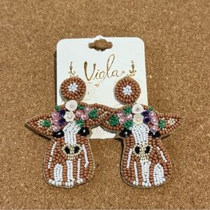 Beaded Cow Earrings - Brown and White